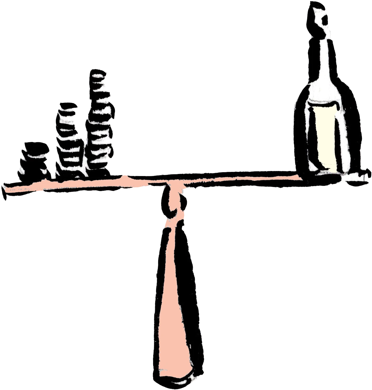 An illustration of a wine bottle balancing on scales with a stack of coins